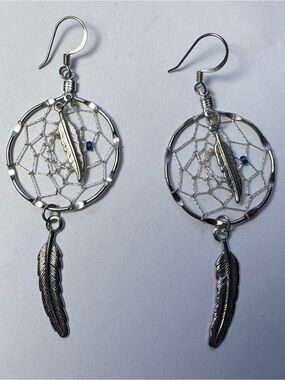 Dreamcatcher Feather Dangle Earrings w/blue bead